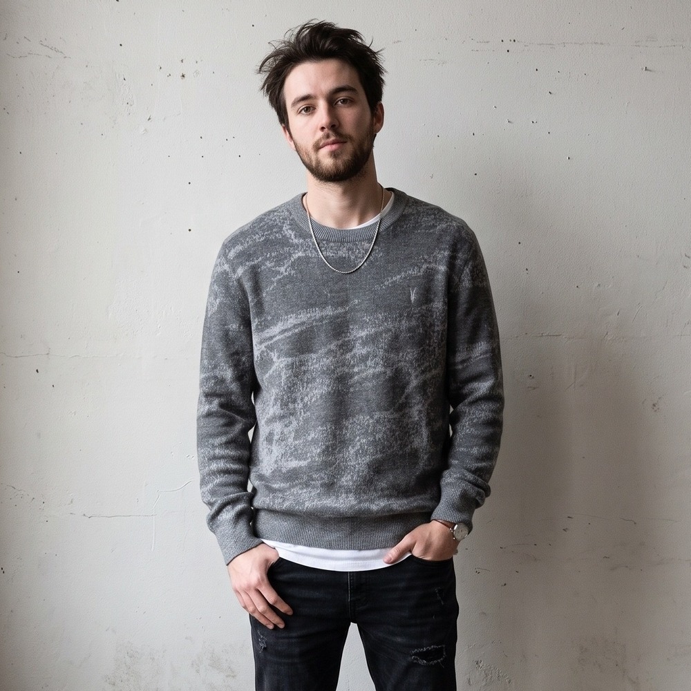 AllSaints Enzo Crew Sweater Mens Large Grey Marl Abstract Wool Alpaca Knit Edgy